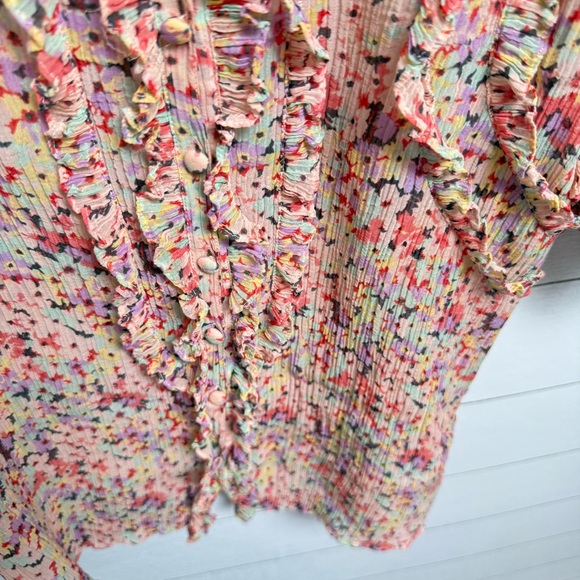 Rebecca Taylor | Silk & Cotton Pink Speckled Ruffle Ruched Blouse - Size 2 - Picture 5 of 14